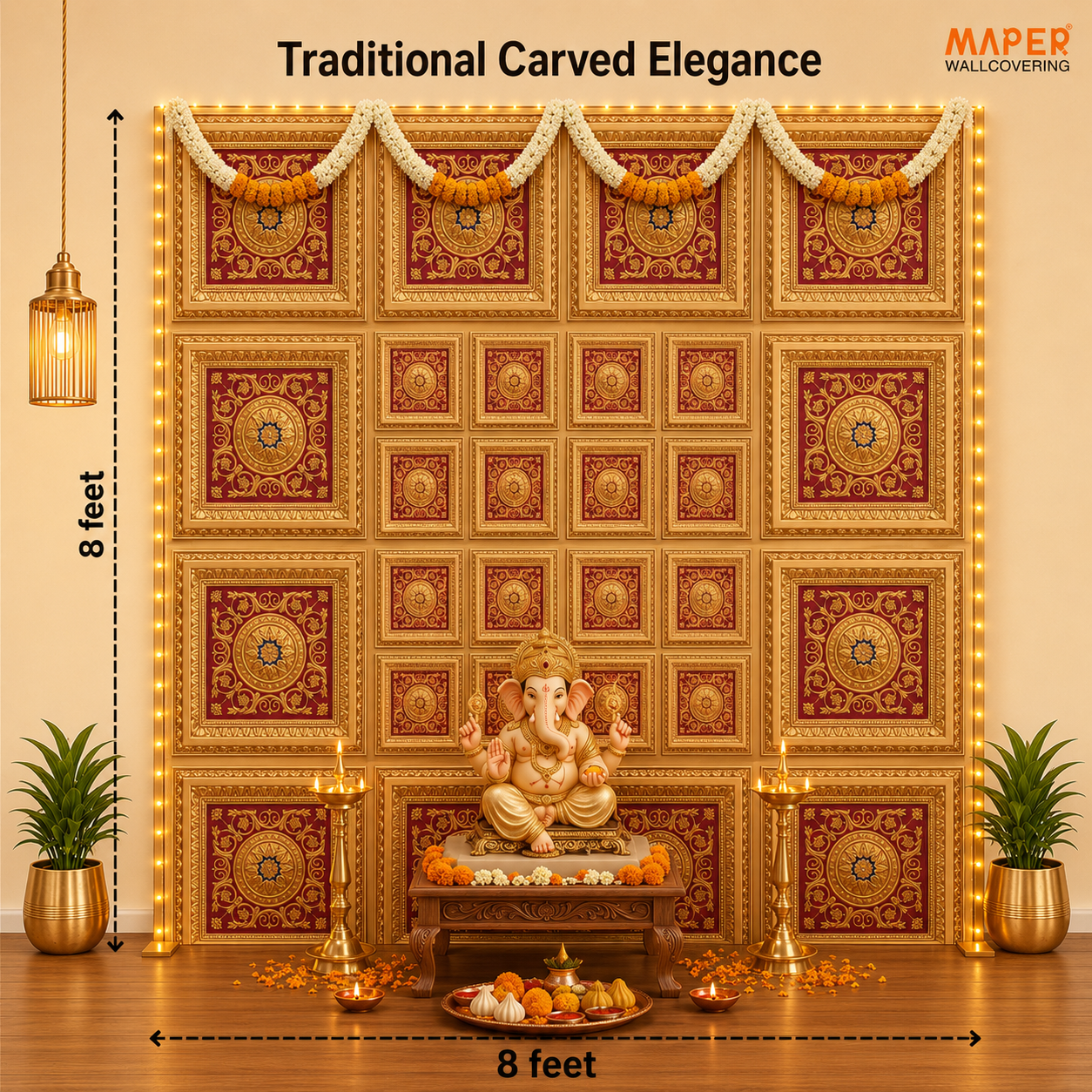 TryMe Ganpati Festive Backdrop Set — Gold Red RG-6 (12-2×2 Panel, 4-Four-Partition Panel) thumbnail 2