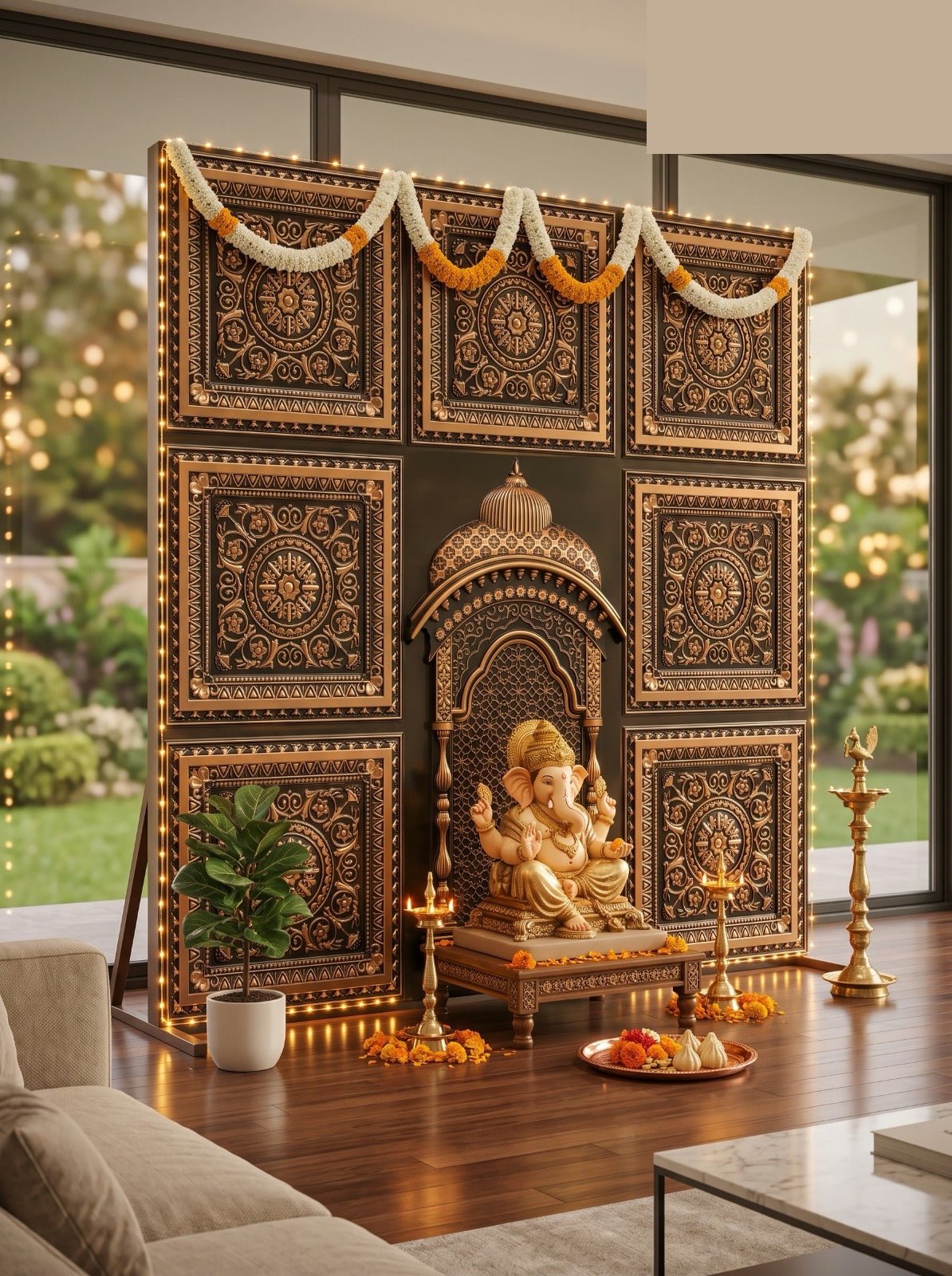 TryMe Ganpati Festive Backdrop Set — Antique Gold C1 (7-2×2 Panel, 1 Zarokha)