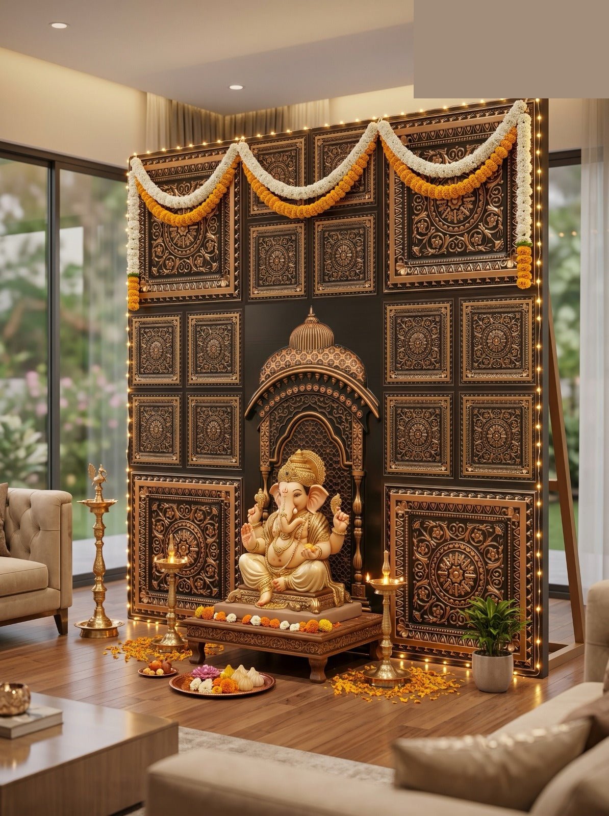 TryMe Ganpati Festive Backdrop Set — Antique Gold C2 (4-2×2 Panel, 3-Four-Partition Panel, 1 Zarokha) thumbnail 2