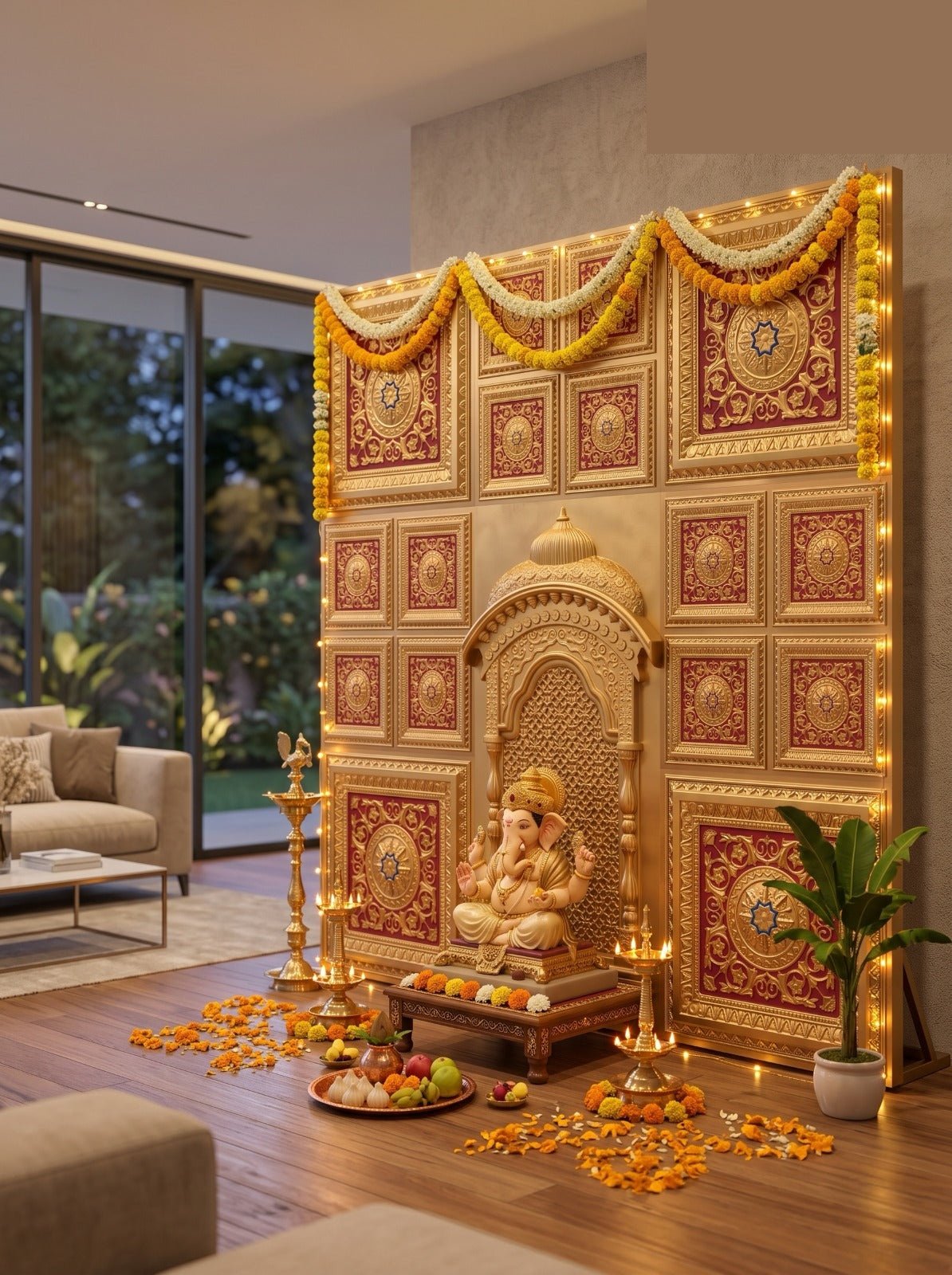 TryMe Ganpati Festive Backdrop Set — Gold Red C1 (4-2×2 Panel, 3-Four-Partition Panel, 1 Zarokha)