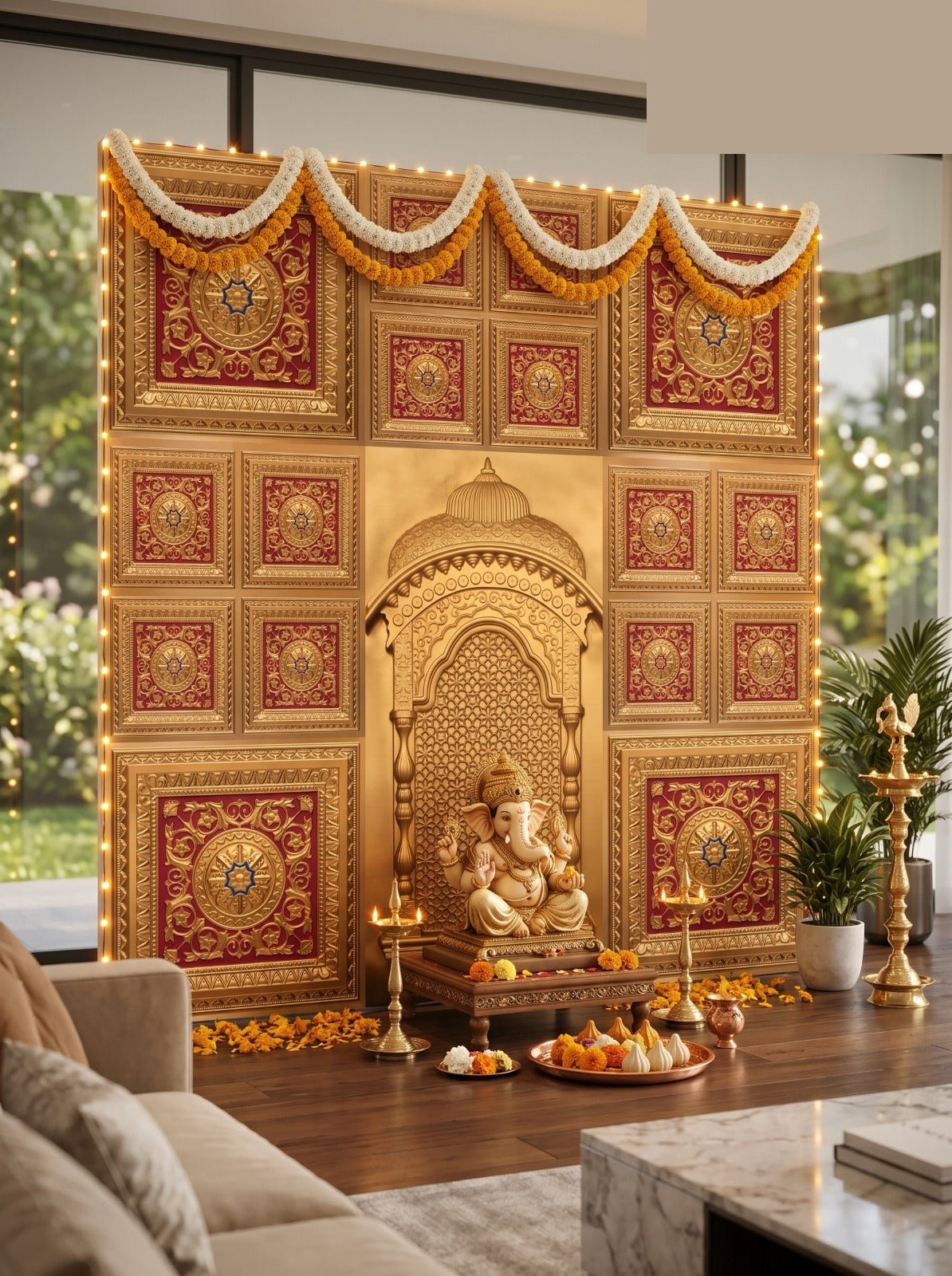 TryMe Ganpati Festive Backdrop Set — Gold Red C1 (4-2×2 Panel, 3-Four-Partition Panel, 1 Zarokha) thumbnail 2