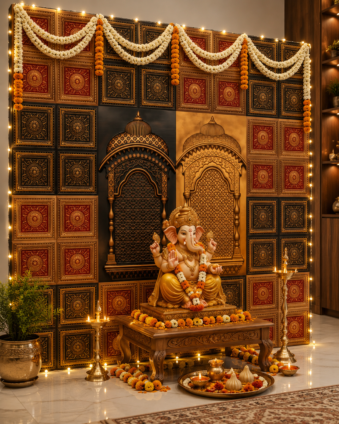 TryMe Royal Ganpati Readymade Festive Mandap Set — [ 12 sets of Four Partition Panel, 2 Zarokhas ]