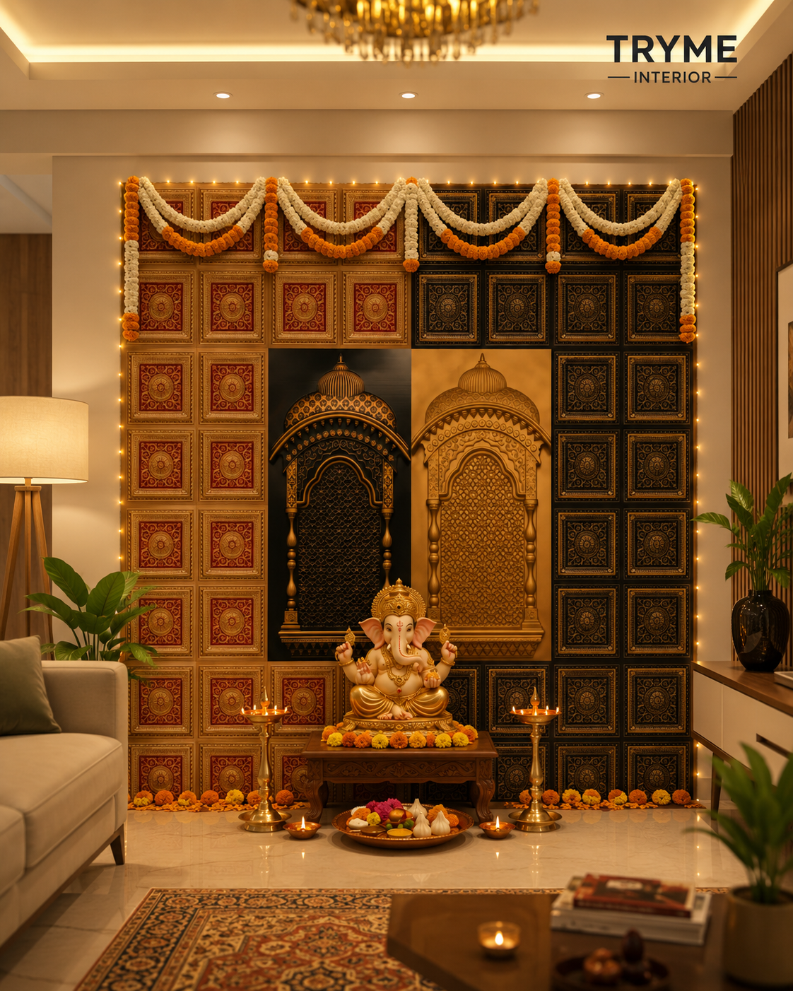 TryMe Royal Ganpati Readymade Festive Mandap Set — [ 12 sets of Four partition panel, 2 Zarokhas ]