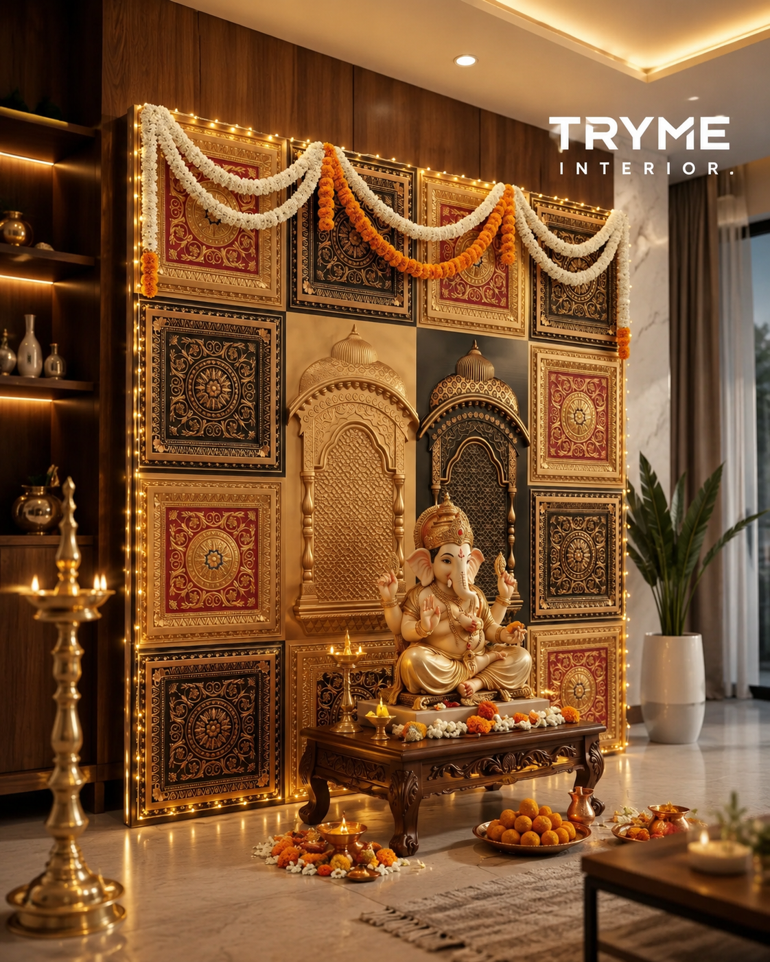 TryMe Royal Ganpati Readymade Festive Mandap Set — [ 12 sets of 2x2 panel, 2 Zarokhas ]