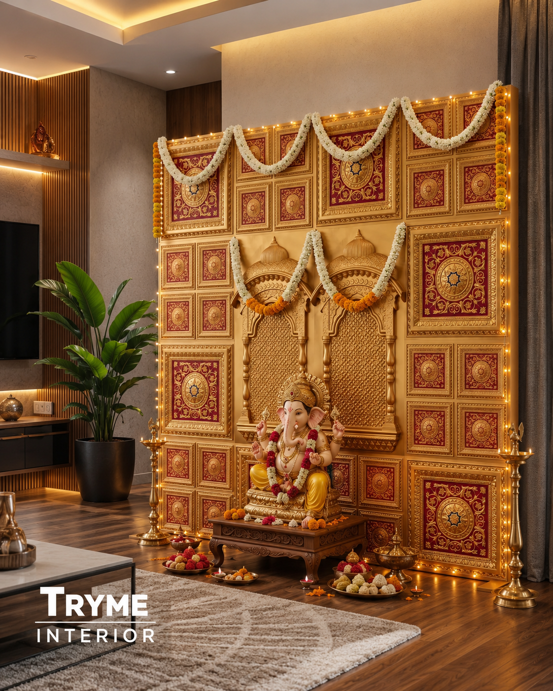 TryMe Royal Ganpati Readymade Festive Mandap Set — [ 6 set of 2x2 panel, 6 sets of 4 partition panel, 2 Zarokhas ]