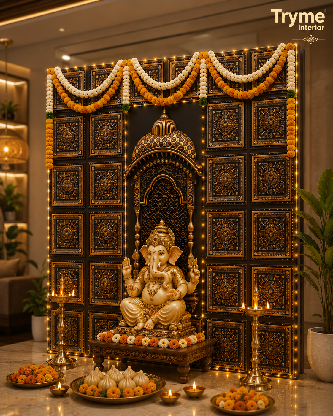 TryMe Royal Ganpati Readymade Festive Mandap Set — [ 4 set of 1x1 Four Partition Panel, 6 set of 1x1 Panel, 2 Zarokhas ]