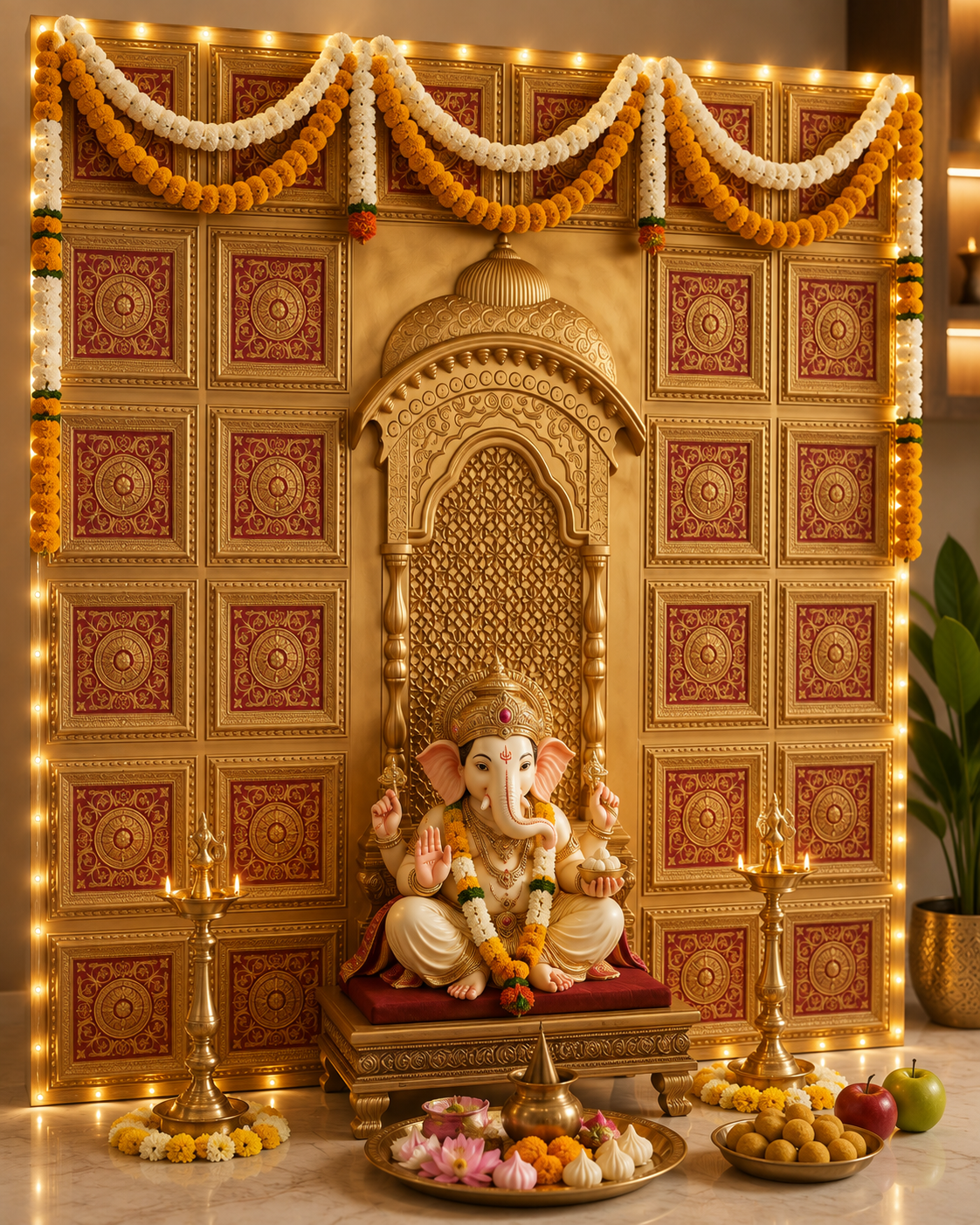 TryMe Royal Ganpati Readymade Festive Mandap Set — [ 4 set of 1x1 Four Partition Panel, 6 set of 1x1 Panel, 2 Zarokhas ]