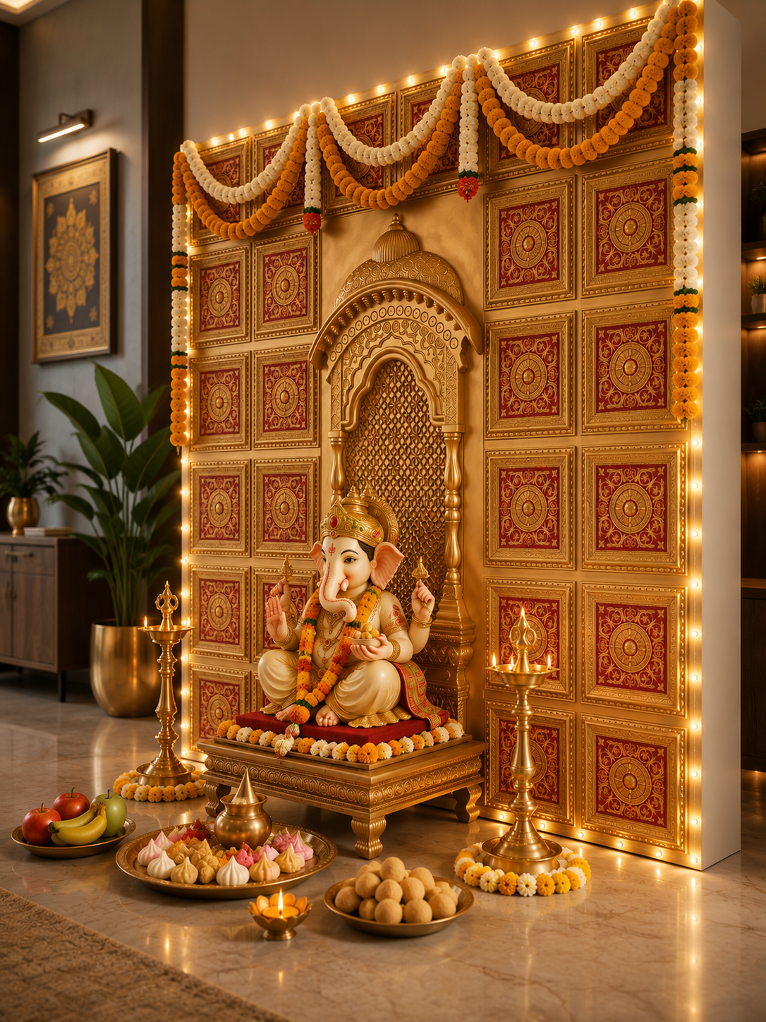 TryMe Royal Ganpati Readymade Festive Mandap Set — [ 4 set of 1x1 Four Partition Panel, 6 set of 1x1 Panel, 2 Zarokhas ] thumbnail 3