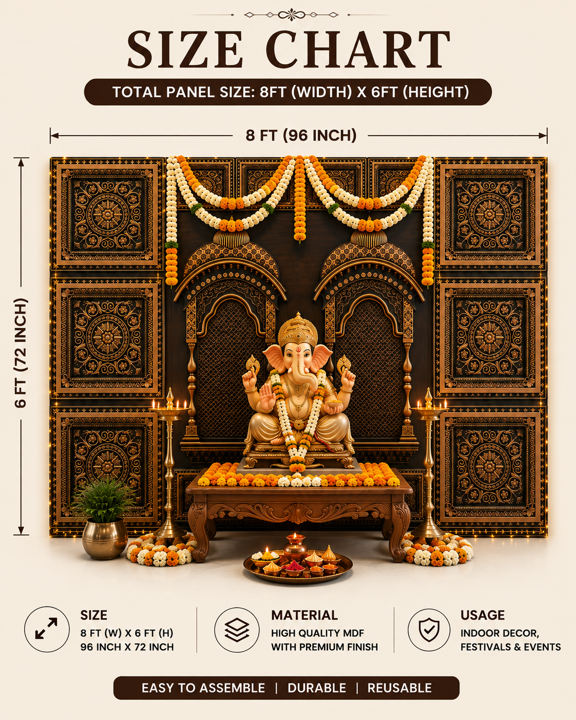 TryMe Royal Ganpati Readymade Festive Mandap Set — [ 8 sets of 1x1 Panel, 6 set of 2x2 Panel, 2 Zarokhas ] thumbnail 3