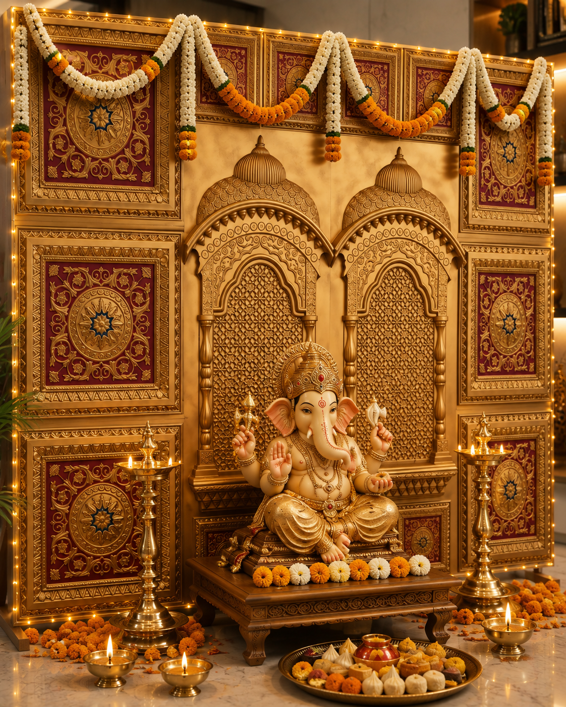 TryMe Royal Ganpati Readymade Festive Mandap Set — [ 8 sets of 1x1 Panel, 6 set of 2x2 Panel, 2 Zarokhas ]