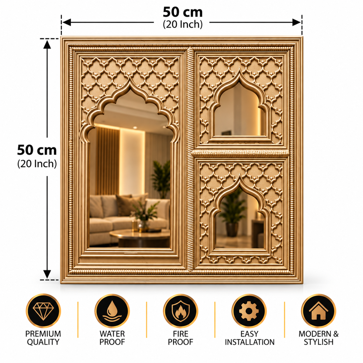 TryMe Royal Zarokha Decorative 3D Architectural Wall Panel — Imperial Antique Gold (50×50 cm) thumbnail 2