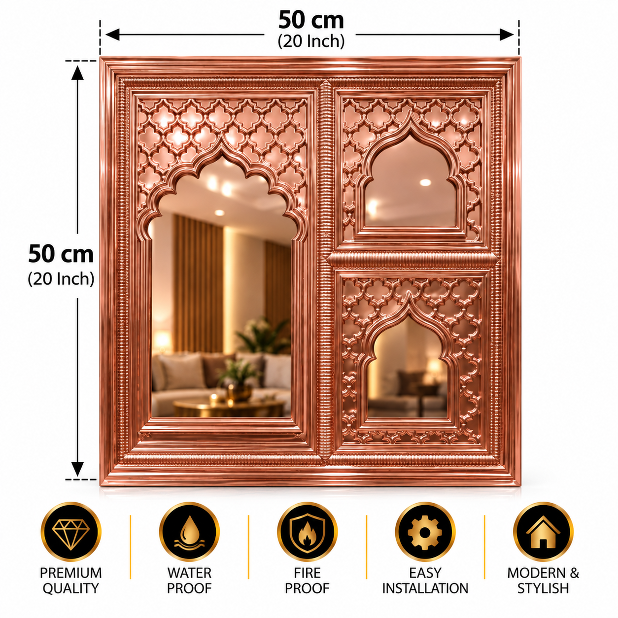 TryMe Royal Zarokha Decorative 3D Architectural Wall Panel — Mirror Champagne Rose Gold (50×50 cm) thumbnail 2