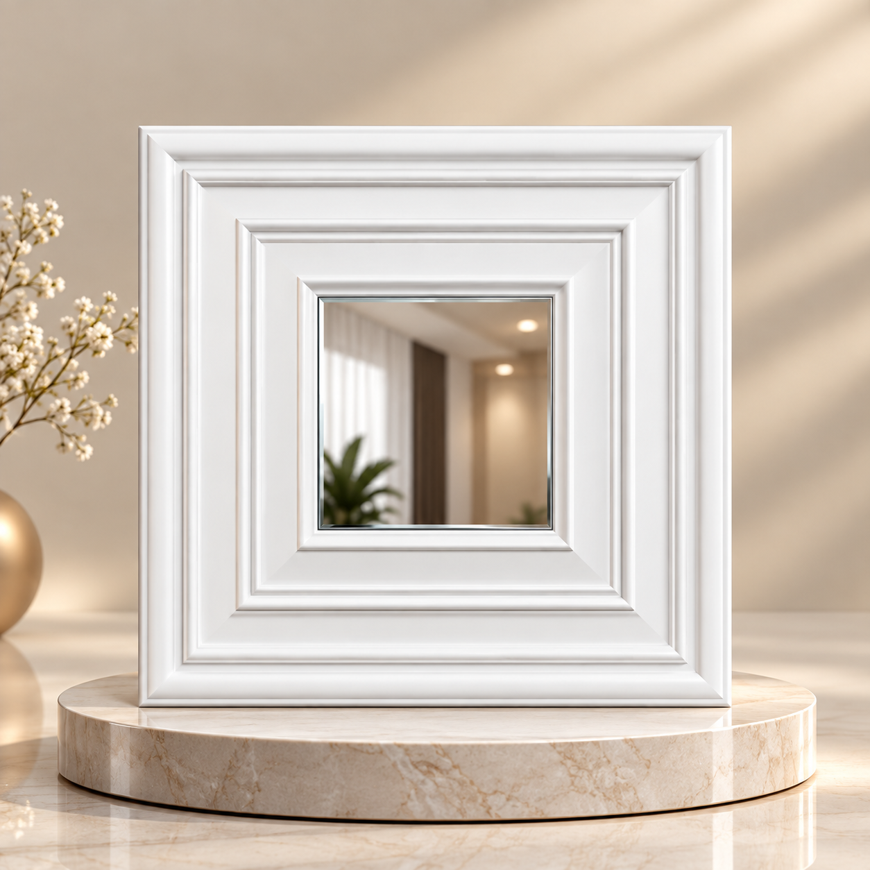 TryMe Rich 3D Architectural Wall Panel with Beveled Mirror — Alpine White (50×50 cm)