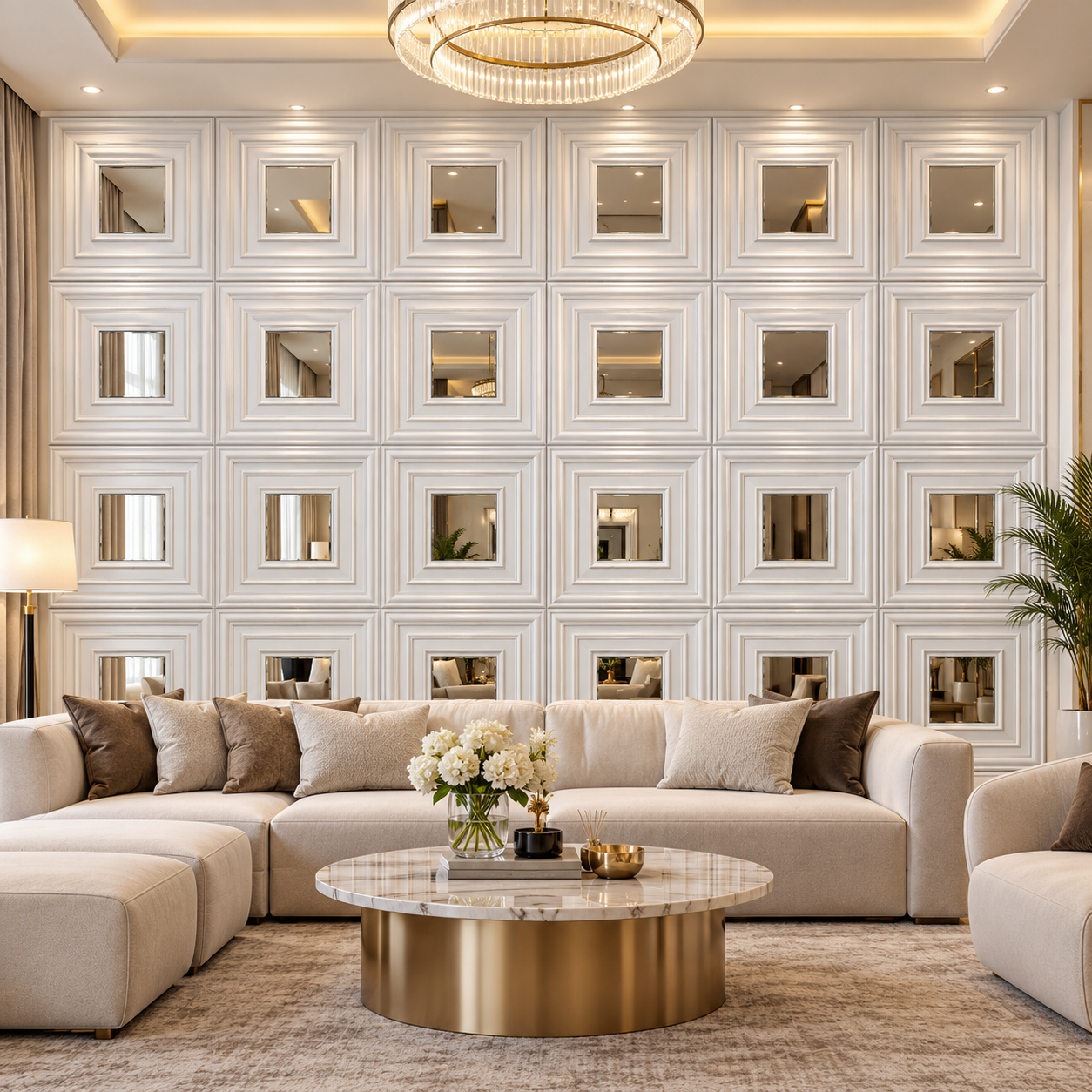 TryMe Rich 3D Architectural Wall Panel with Beveled Mirror — Alpine White (50×50 cm) thumbnail 3