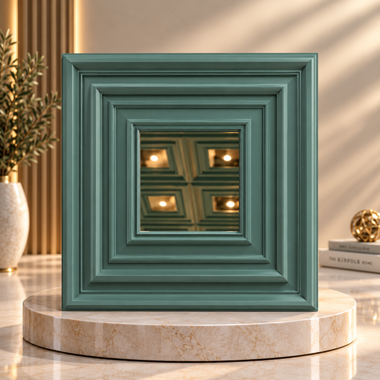TryMe Rich 3D Architectural Wall Panel with Beveled Mirror — Sage Green (50×50 cm)
