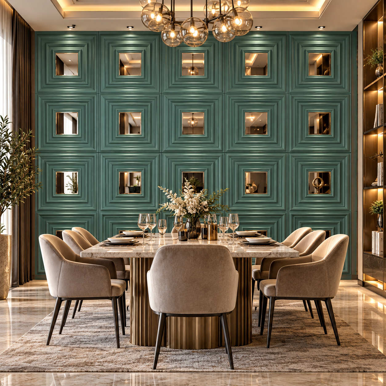 TryMe Rich 3D Architectural Wall Panel with Beveled Mirror — Sage Green (50×50 cm) thumbnail 3