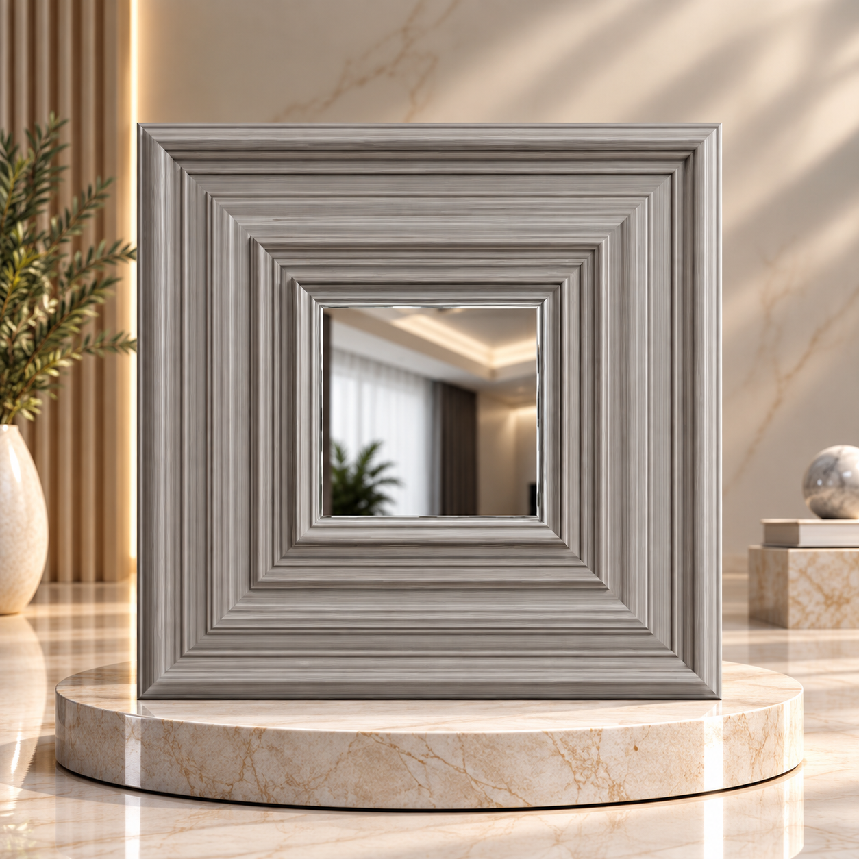 TryMe Rich 3D Architectural Wall Panel with Beveled Mirror — Grey Ash Woodgrain (50×50 cm)