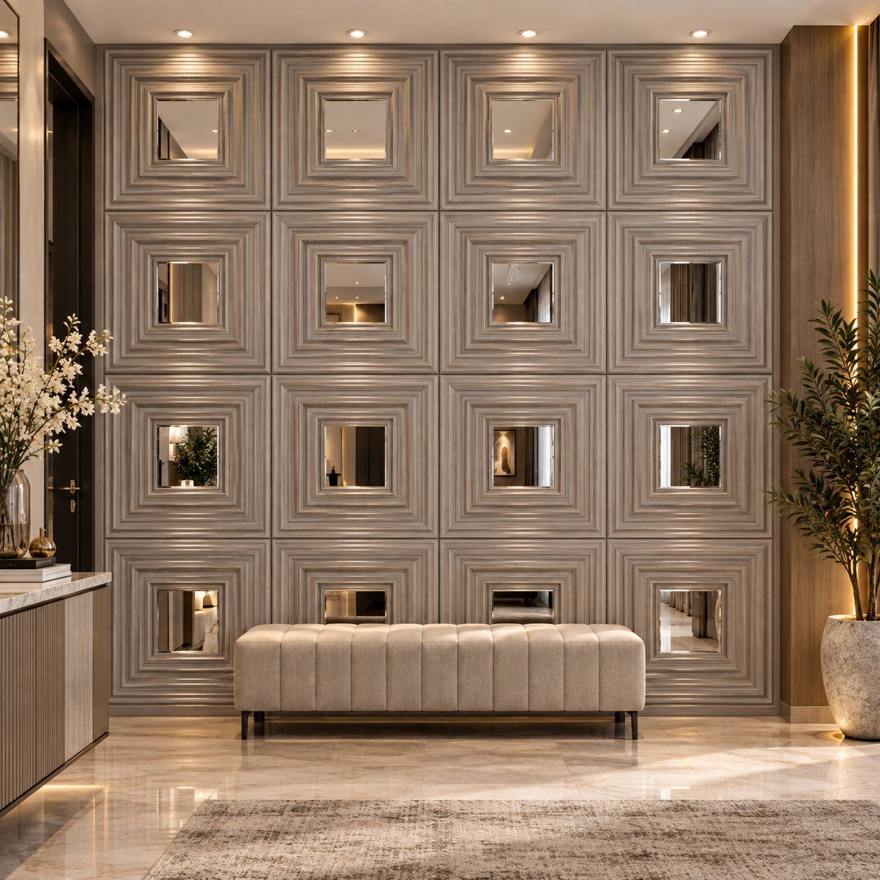 TryMe Rich 3D Architectural Wall Panel with Beveled Mirror — Grey Ash Woodgrain (50×50 cm) thumbnail 3