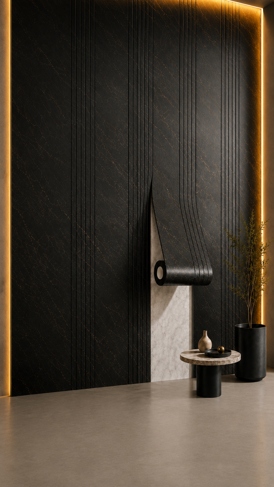 Premium Self Adhesive Grill Sheet – Black Marble Finish | Vertical Groove Wall Panel