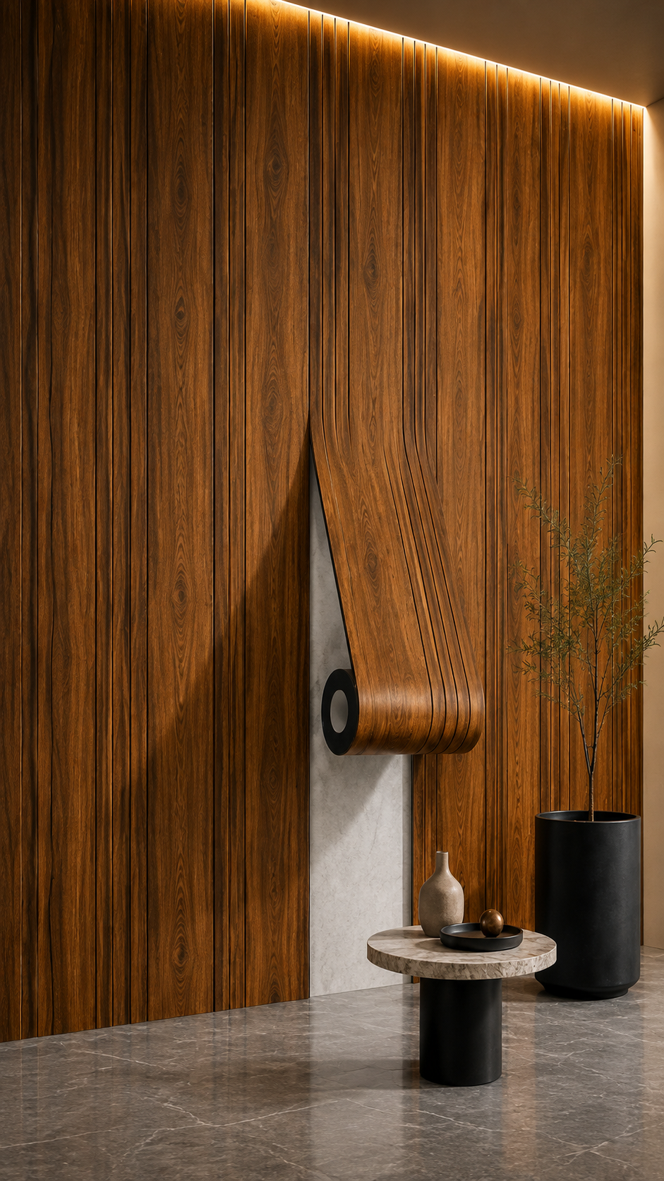 Premium Self Adhesive Grill Sheet – Walnut Wood Finish | Vertical Groove Wall Panel