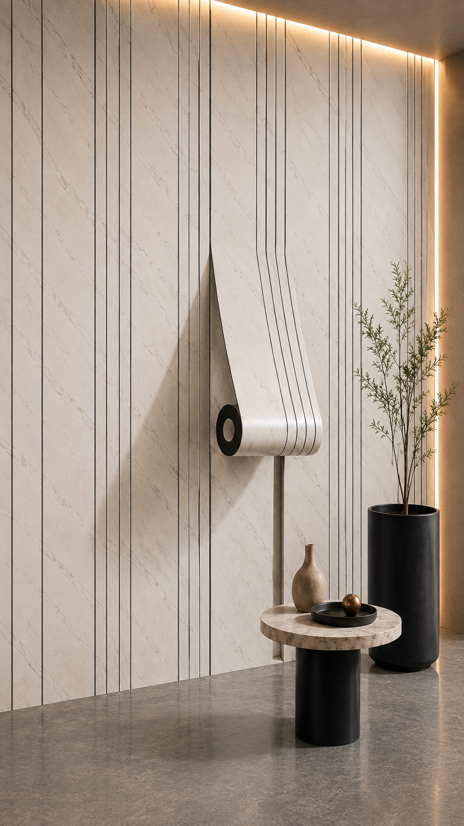 Premium Self Adhesive Grill Sheet – White Marble Finish | Vertical Groove Wall Panel