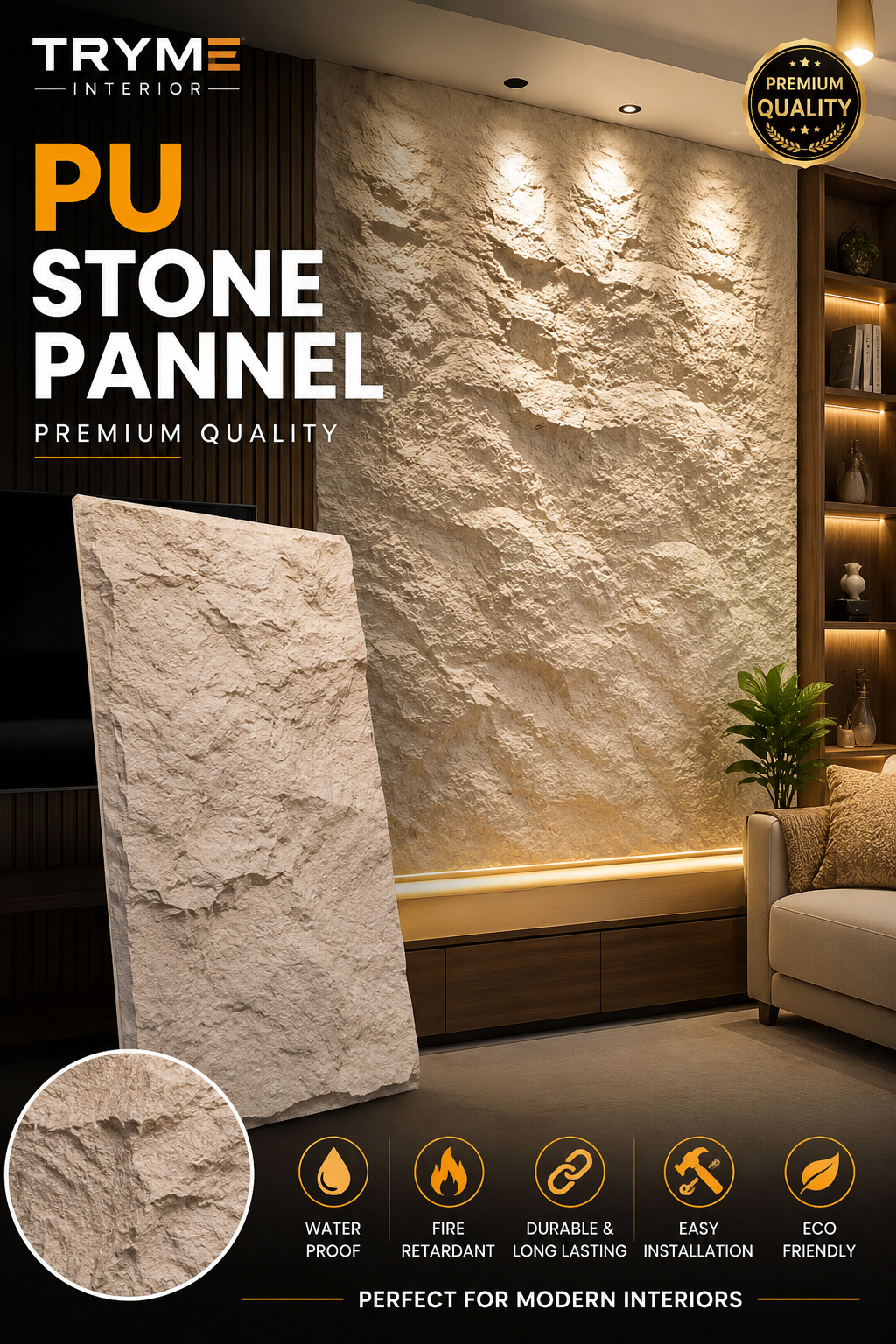 PU Stone Wall Panel – Beige, 2 x 4 Ft, Non-Adhesive, Premium Stone Texture wallpaper collection