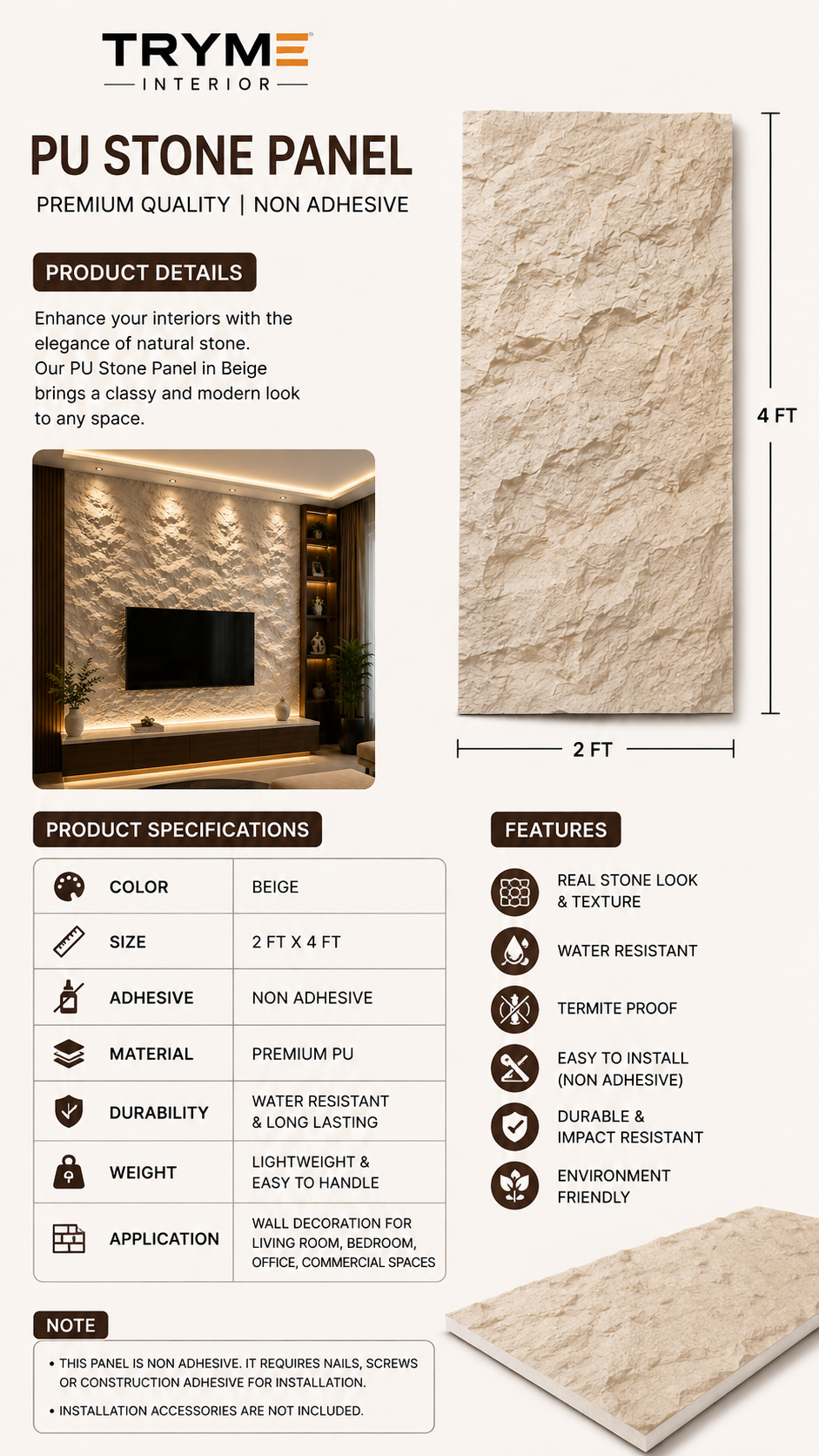 PU Stone Wall Panel – Beige, 2 x 4 Ft, Non-Adhesive, Premium Stone Texture thumbnail 3