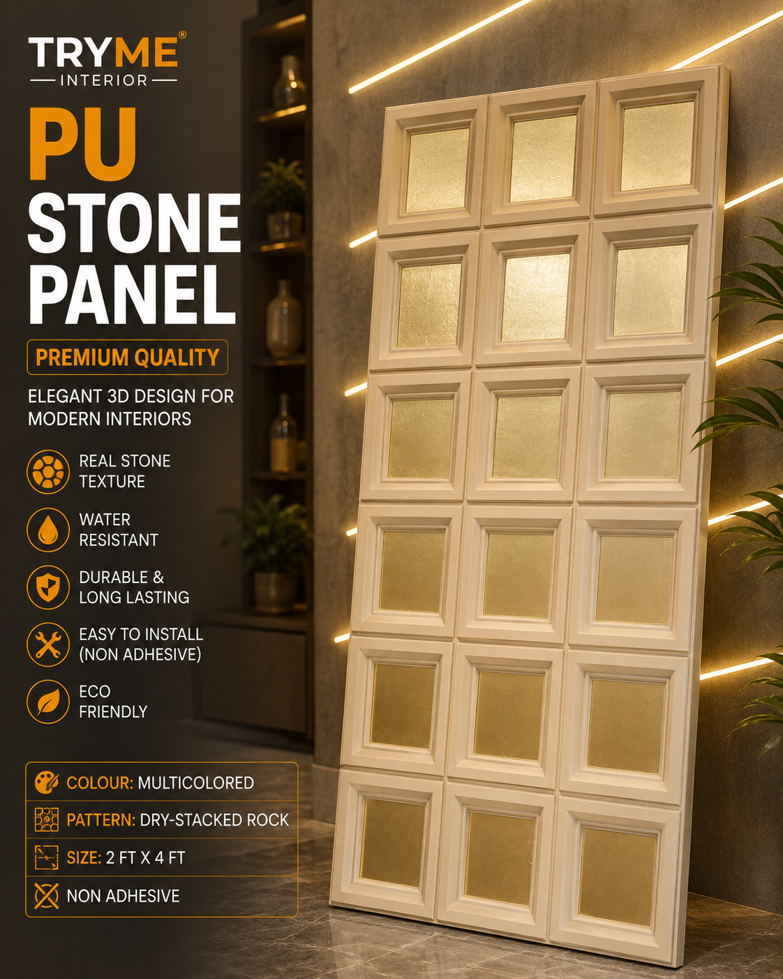 PU Stone Wall Panel – Beige 3D Square Pattern, 2 x 4 Ft, Non-Adhesive wallpaper collection
