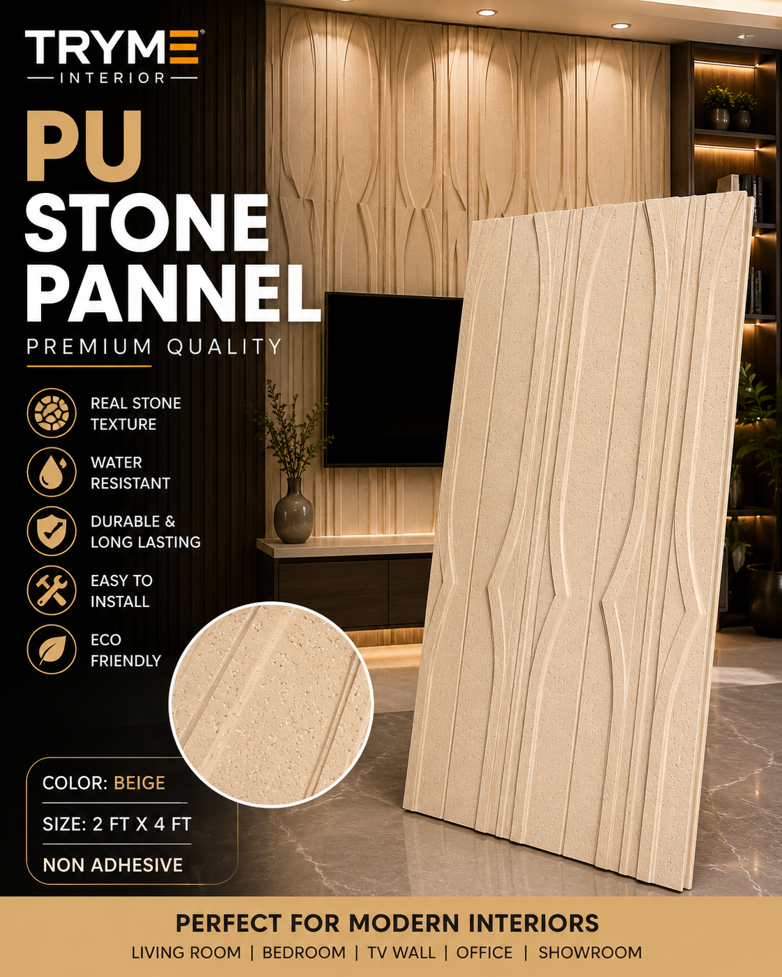 PU Stone Wall Panel – Cream Arch-Flute Pattern, 2 x 4 Ft, Non-Adhesive wallpaper collection