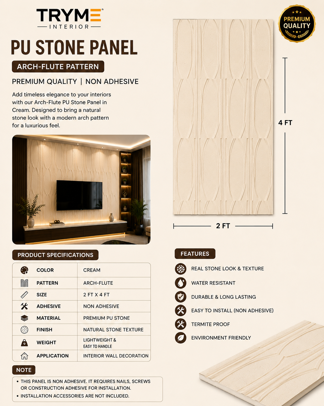 PU Stone Wall Panel – Cream Arch-Flute Pattern, 2 x 4 Ft, Non-Adhesive thumbnail 2