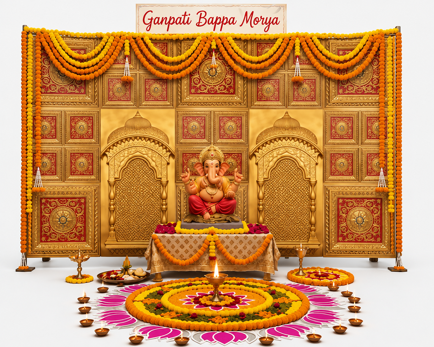Royal Golden Traditional Ganpati Decoration Backdrop / Pooja Mandap