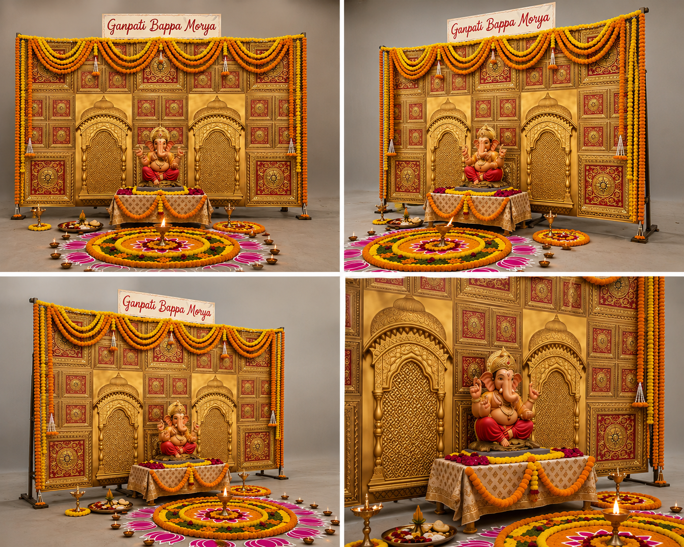 Royal Golden Traditional Ganpati Decoration Backdrop / Pooja Mandap thumbnail 2