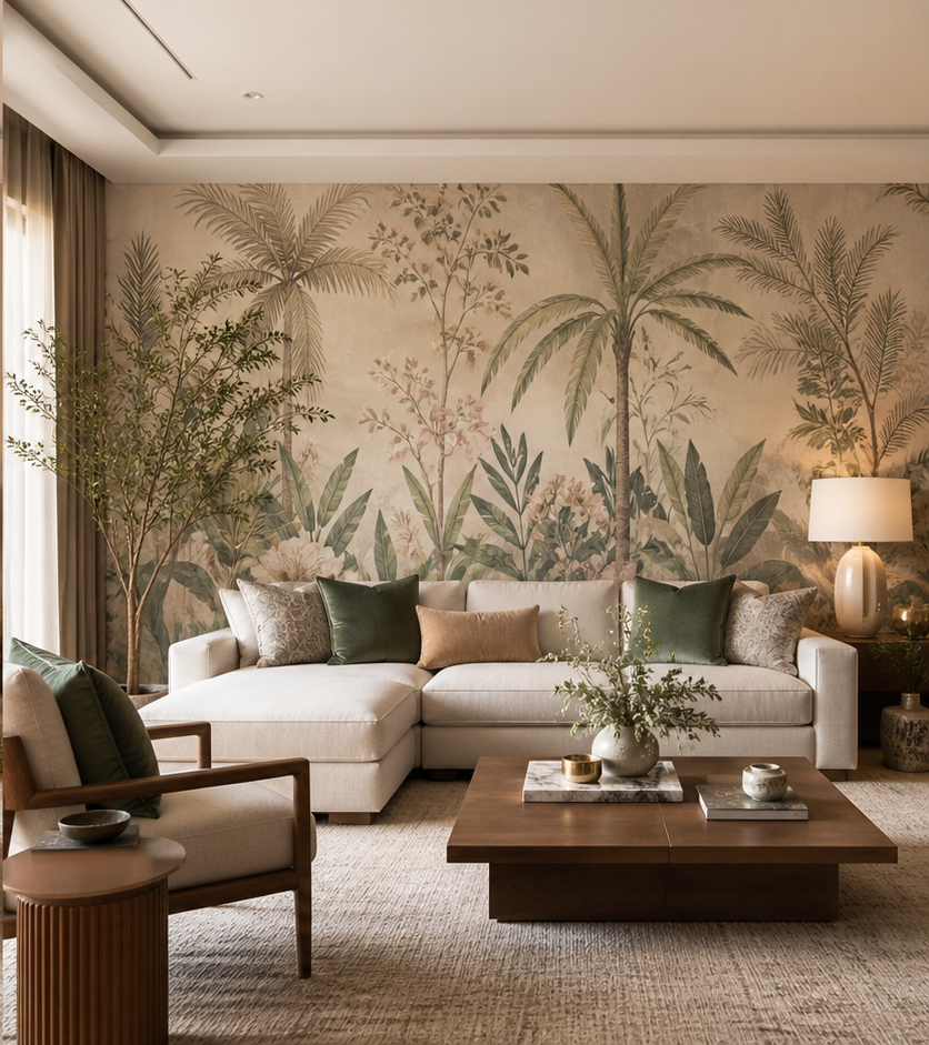 Living room after botanical wallpaper